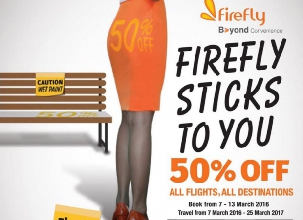 Firefly’s first advertisement posted along with the message ‘Come grab it real fast’ showed a woman in the airline’s corporate orange colour standing beside a bench that had a signage that said ‘50%’ on it.