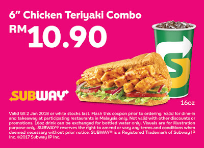 Subway e-Coupon: 6" Chicken Teriyaki Combo RM10.90