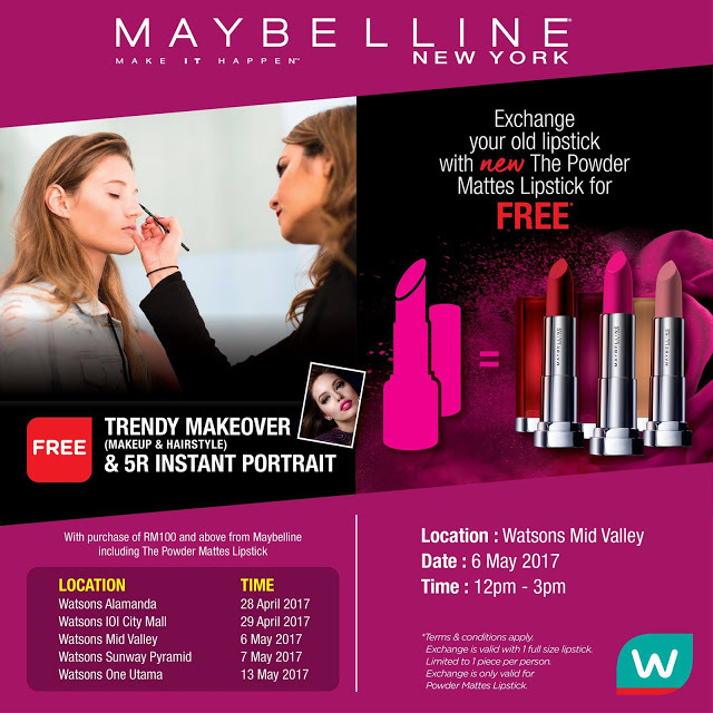 Watsons Malaysia Free Maybelline’s NEW The Powder Mattes Lipstick